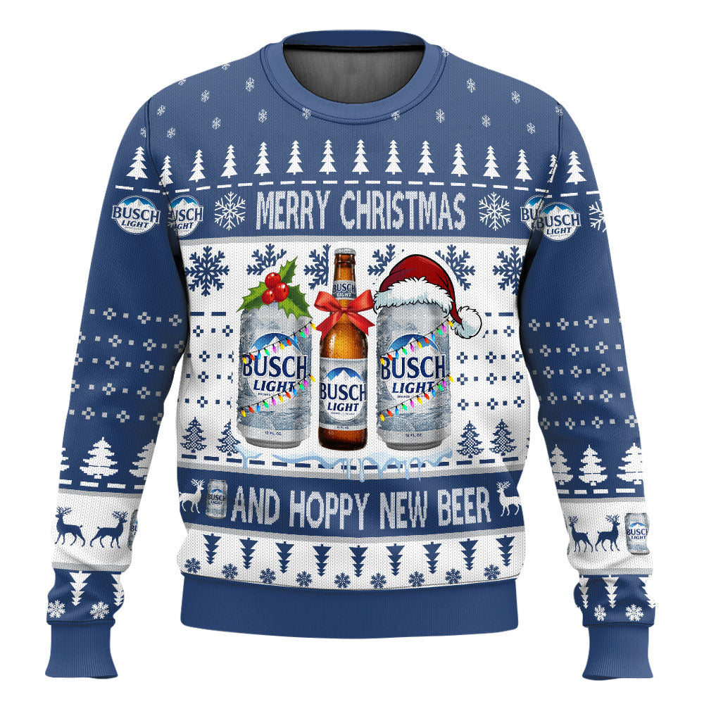 Busch Light Merry Christmas And Hoppy New Beer Ugly Sweater