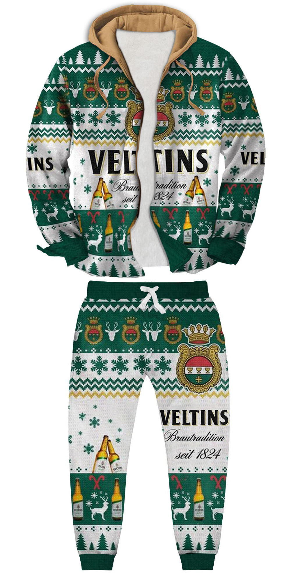 Classic Christmas Motifs Bold Lettering Ugly Zip Hoodie & Sweatpant Set