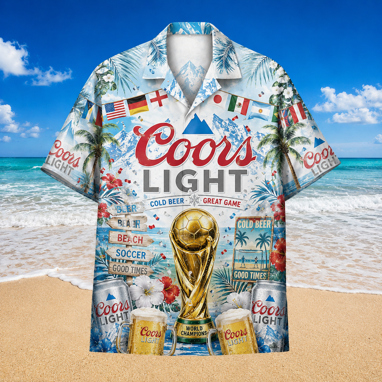 Coors Light Soccer Trophy Cold Beer Aloha Shirt