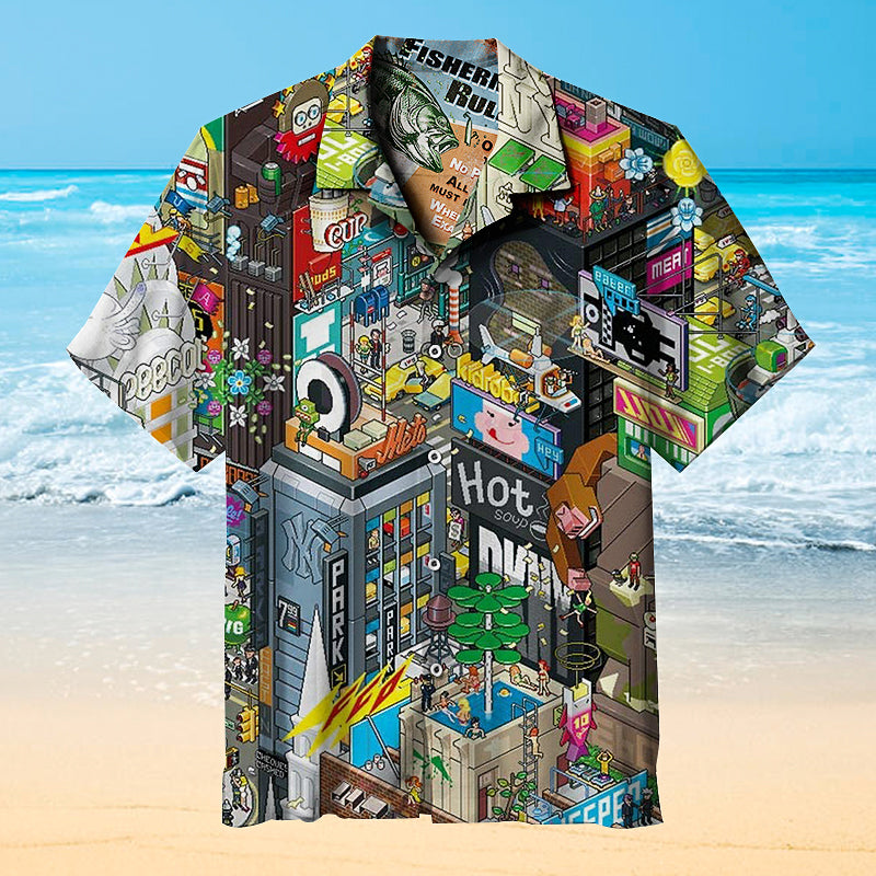 Explore the pixel-style New York Times Square  Hawaiian shirt