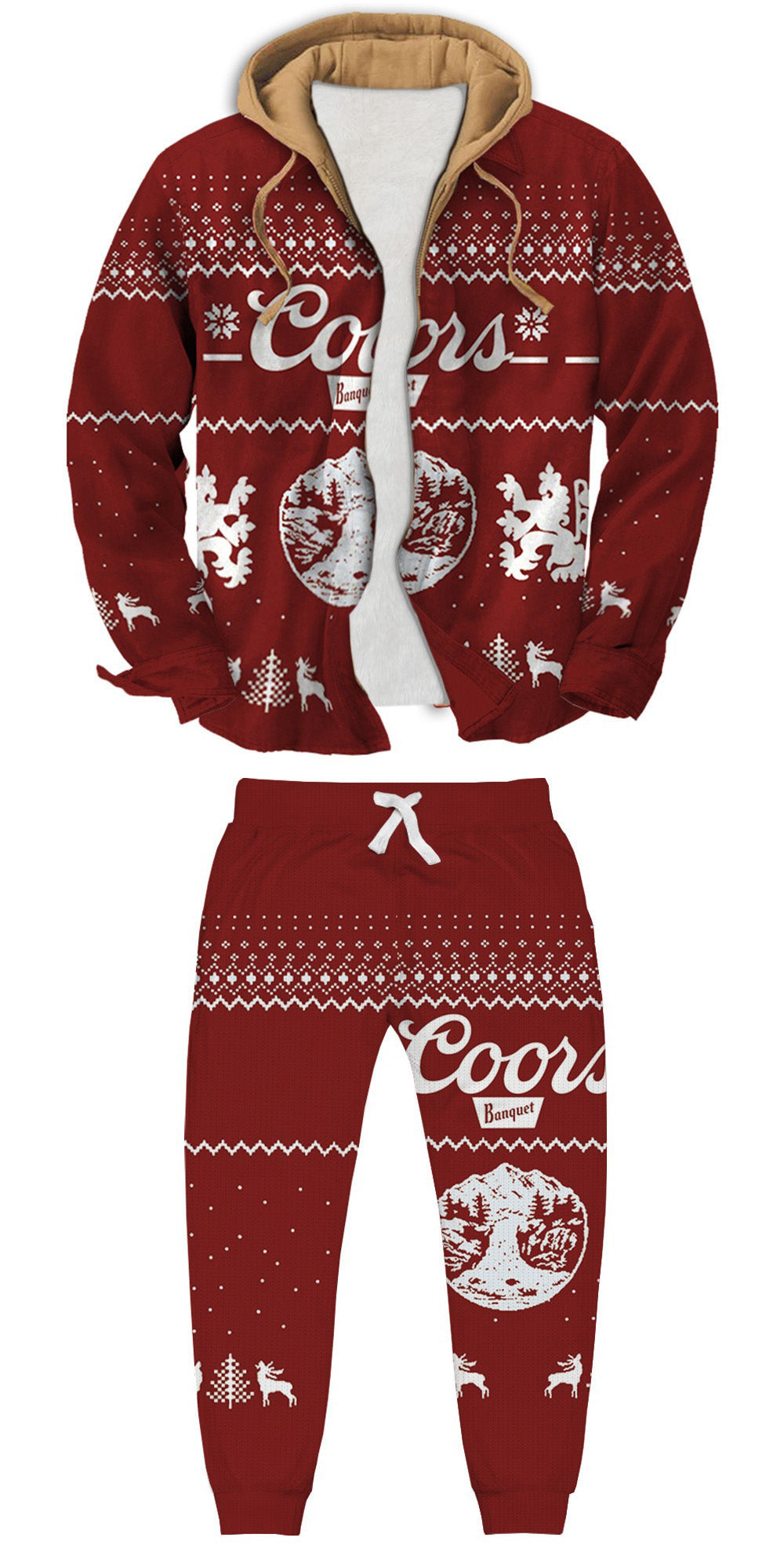 Geometric Snowflake and Deer Print Ugly Zip Hoodie & Sweatpant Set