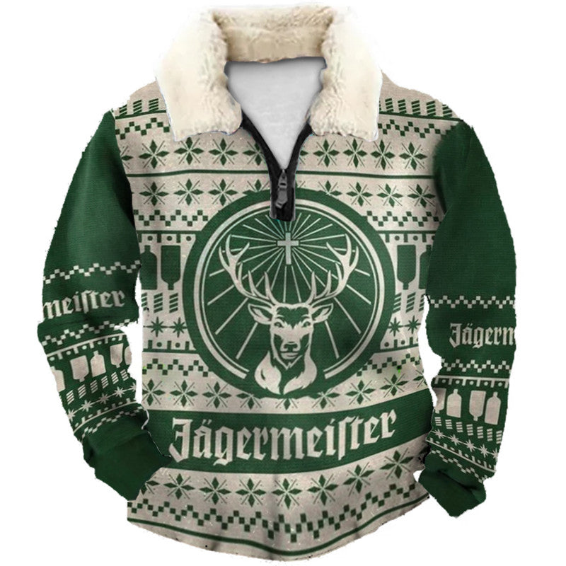 Green Deer Head Print Christmas Ugly Quarter Zip Sweatshirt
