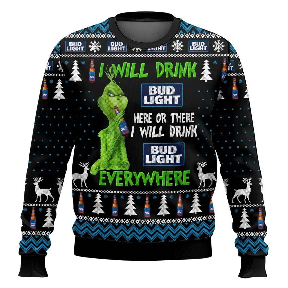 Grinch I Will Drink Bud Light Everywhere Ugly Sweater