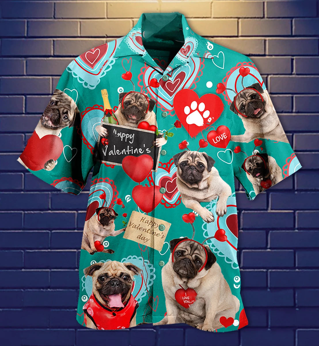 Happy Valentine's Day From Pugs | Unisex Hawaiian Shirt