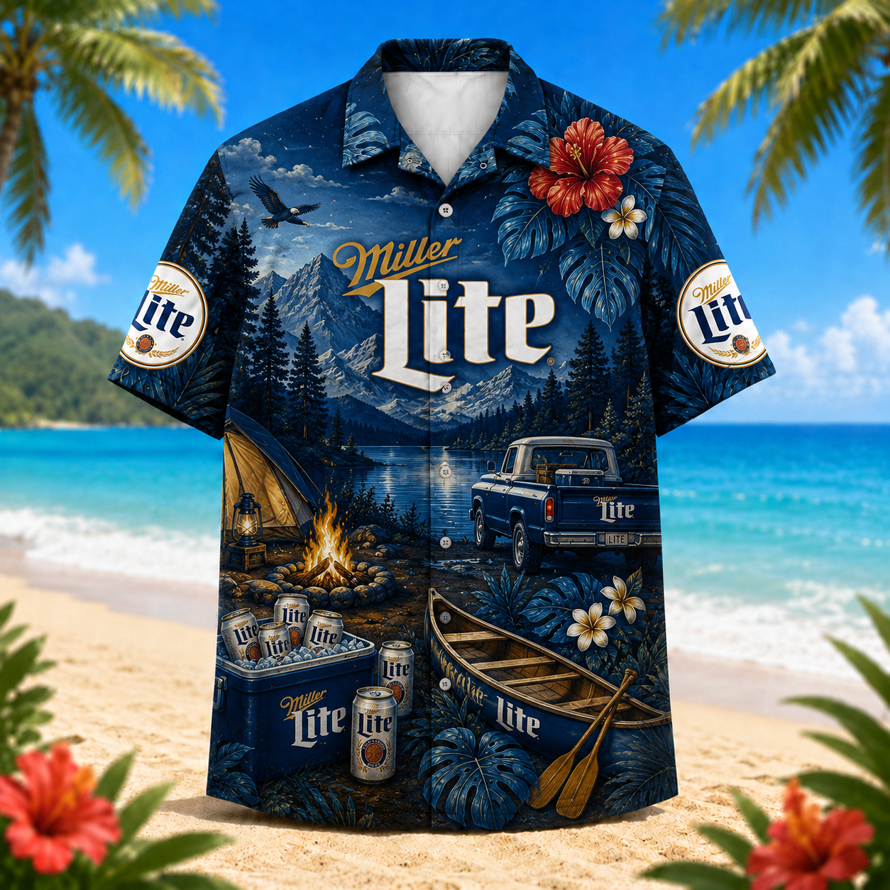 Miller Lite Tropical Camping Hawaiian Shirt