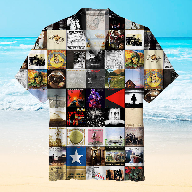 Neil Young Vinyl Collage Unisex Hawaiian Shirt