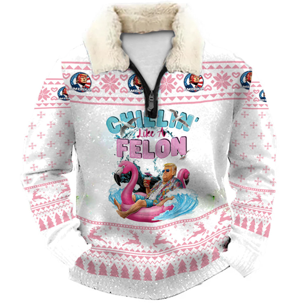 Pink Flamingo Christmas Ugly Quarter Zip Sweatshirt