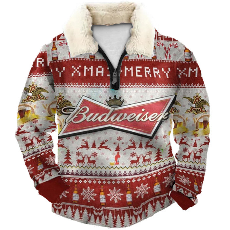 Red White Snow Deer Pattern Ugly Quarter Zip Sweatshirt