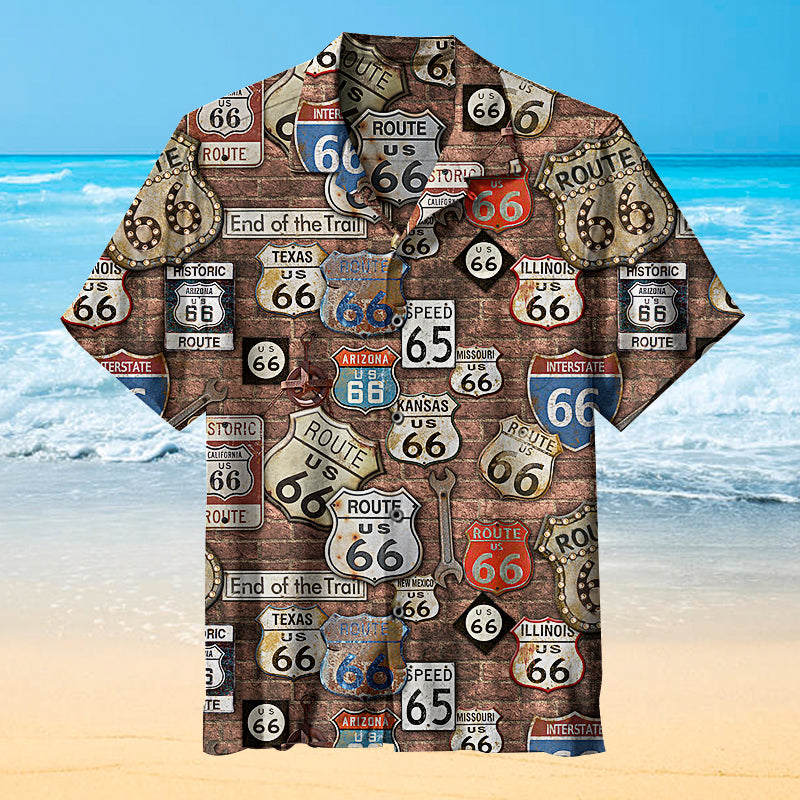 Route 66 on brick wall with road signs Unisex Hawaiian Shirt
