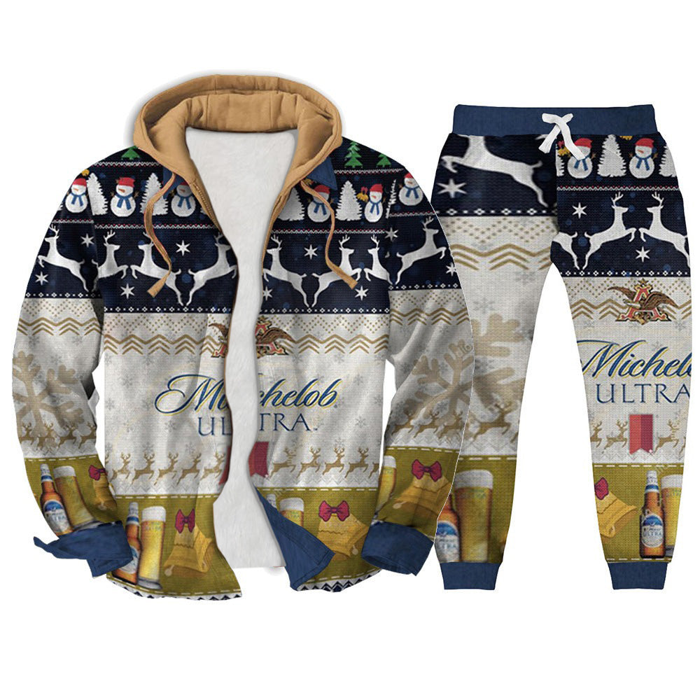 Snowflake Moose and Snowman Print Ugly Zip Hoodie & Sweatpant Set