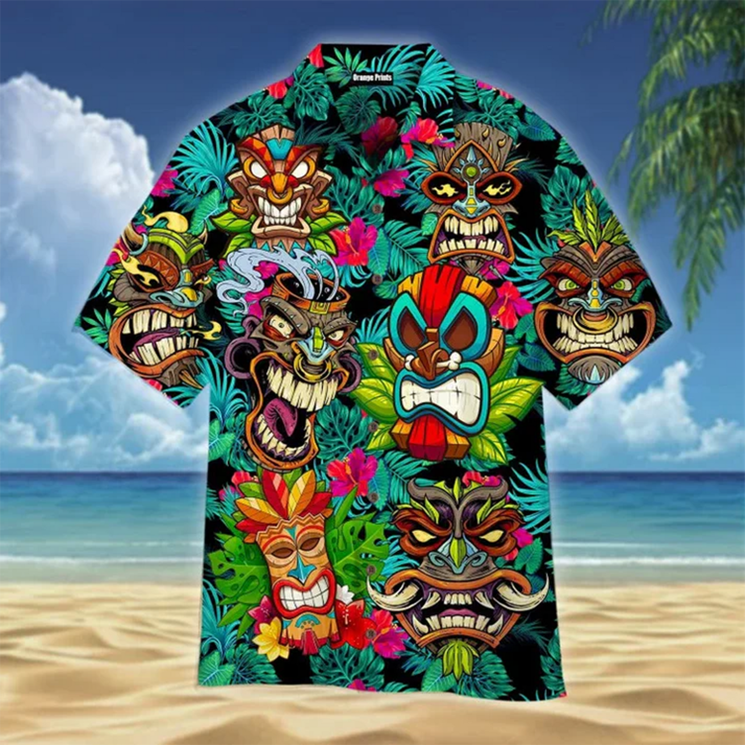 Tiki Mask Hawaiian Shirt, Mens Funny Floral Beach Aloha Party Shirt