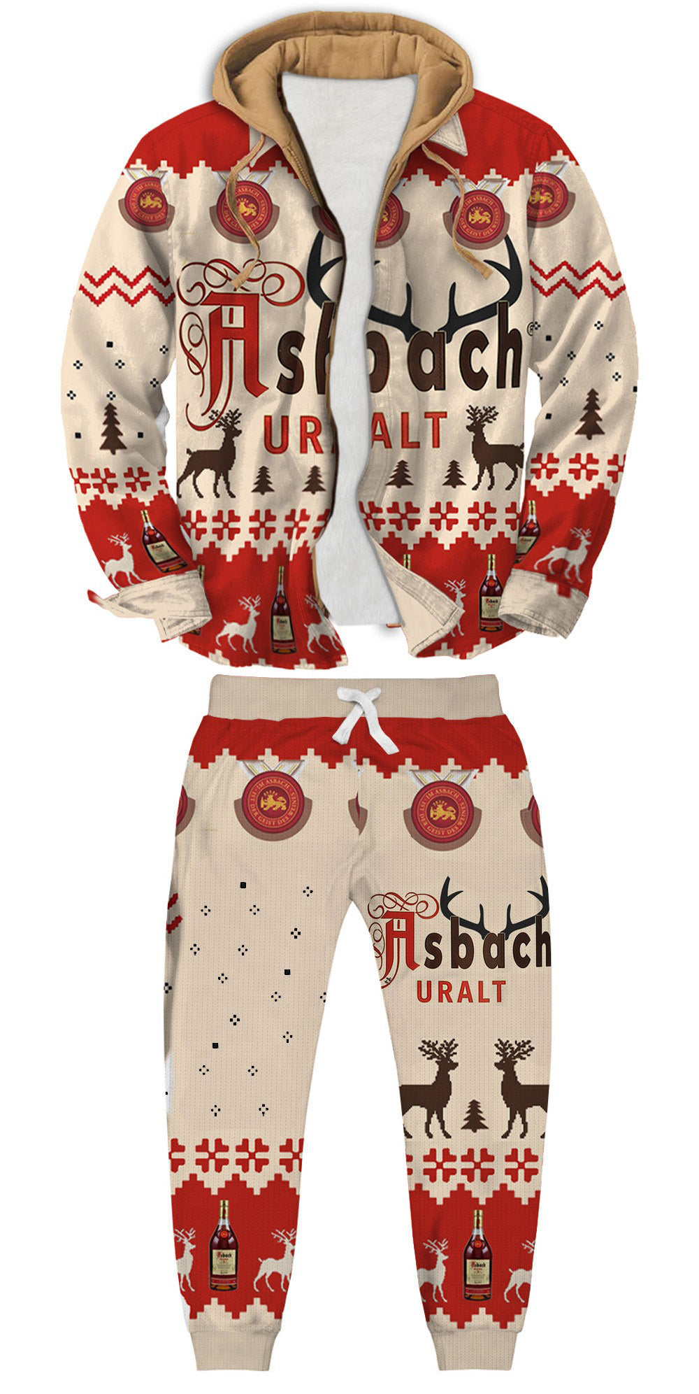 Vintage Holiday Deer Print Ugly Zip Hoodie & Sweatpant Set